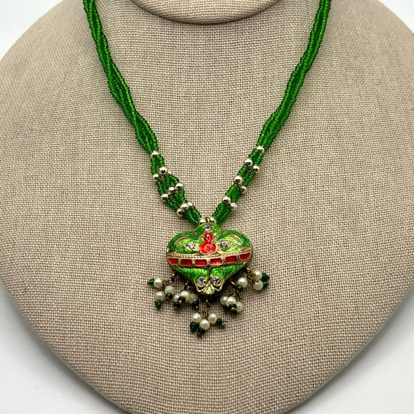 Gorgeous Green Bollywood Style Indian Necklace Handcrafted Enamel Seed Beads - Picture 5 of 16